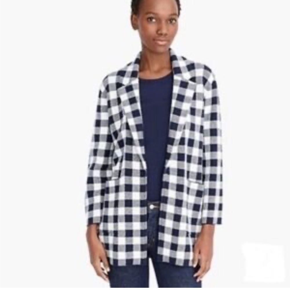 J. Crew Merino Wool Cotton Blend Knit Checked Plaid Blazer Black White M
